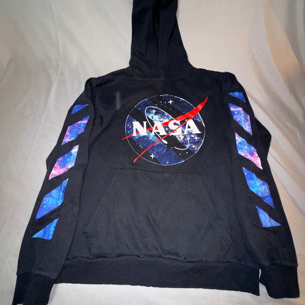 NASA Hoodie Men M‎ Black Good Galaxy Print Graphic Sleeve Stripes